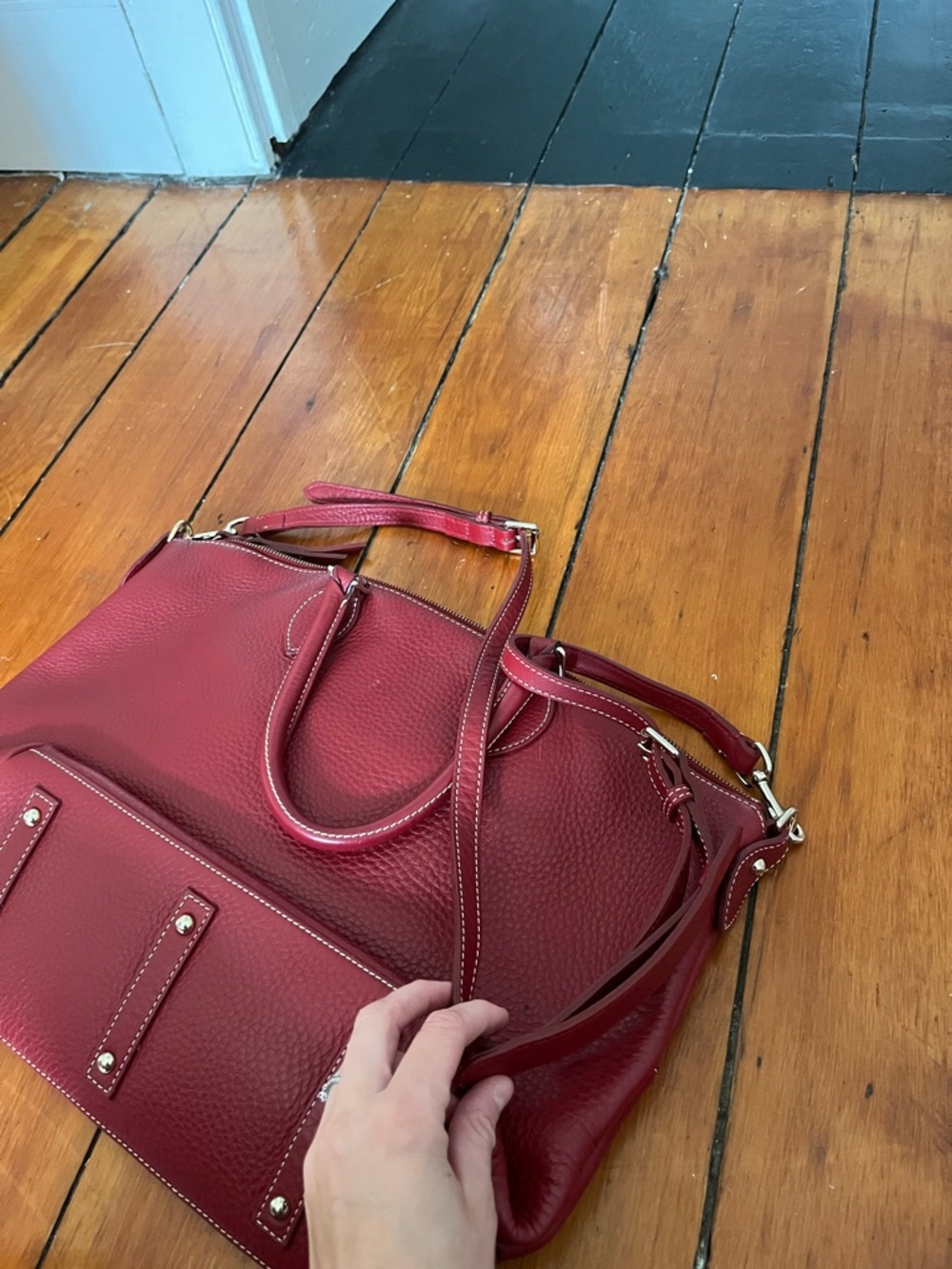 Dooney & Bourke Dillen Double Pocket Satchel Leather Tomato Red Shoulder Strap - Picture 14 of 14